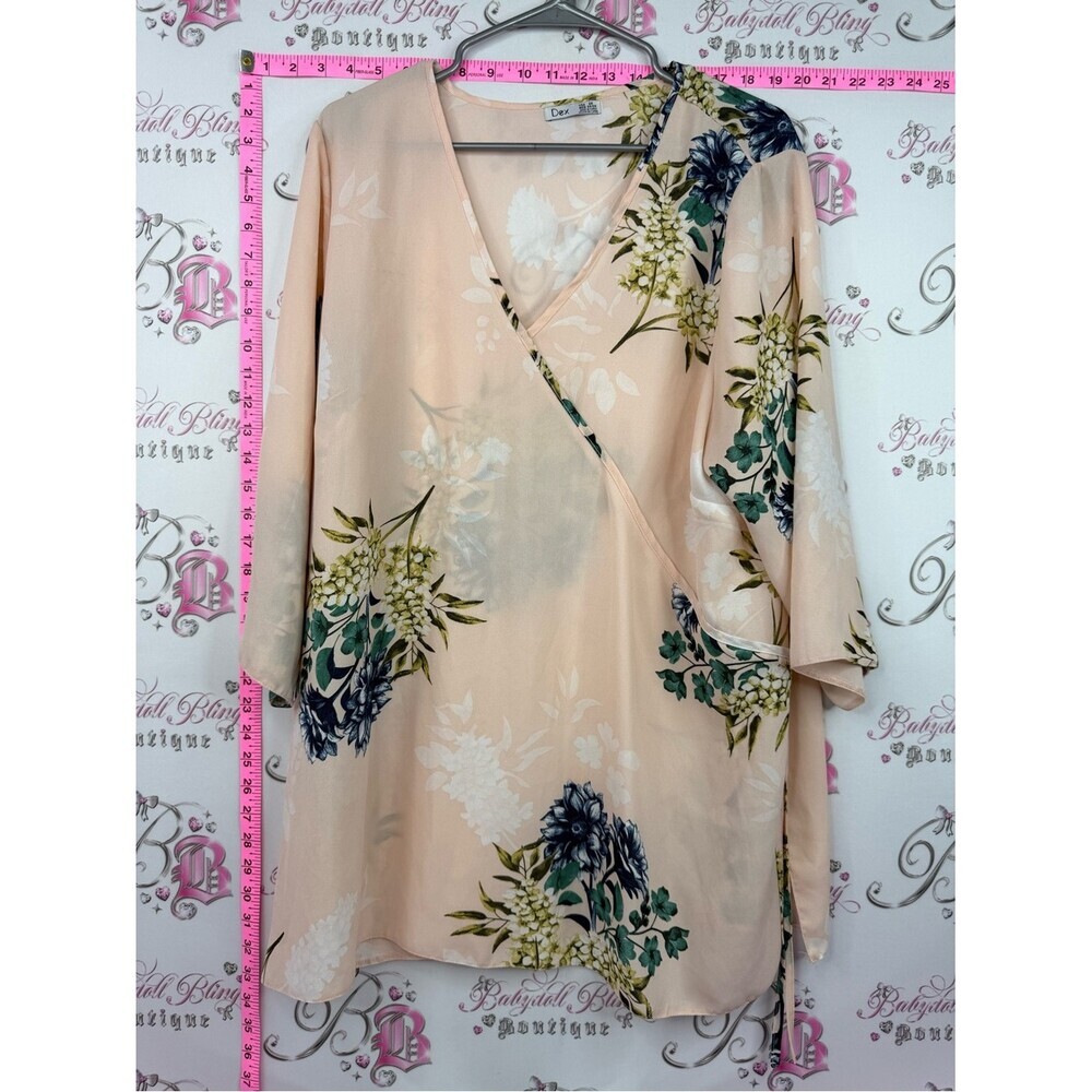 Dex blouse Peach Floral Wrap Blouse with Green & Navy Accents